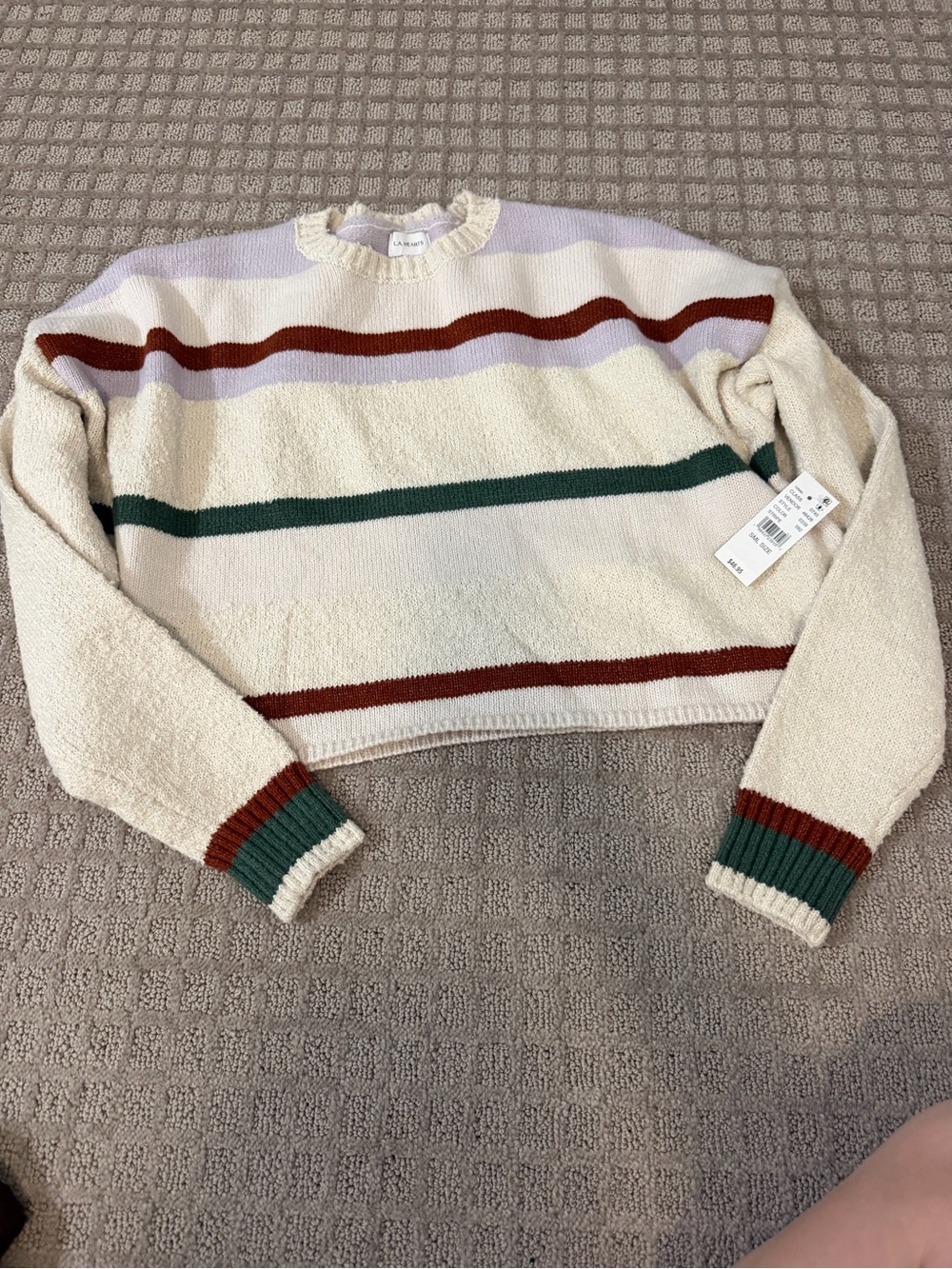 La Hearts Cream Crewneck Sweater with Green, Rust & Lavender Stripes